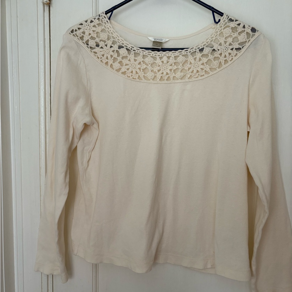 Christopher & Banks Cream Lace Neck Long Sleeve Top